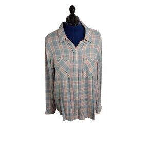 Sanctuary soft plaid pastel flannel button up blouse, size XL